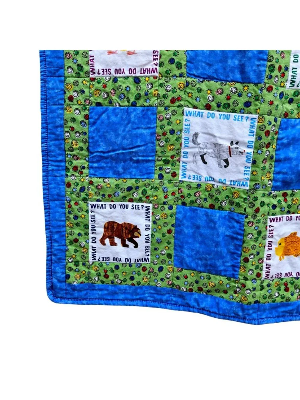 Vintage 90s Brown Bear What Do You See Baby Quilt Blue Green Cotton 39x32" Carle - Picture 7 of 12